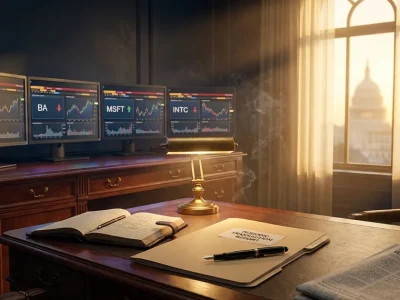 Mahogany executive desk at golden hour with a Periodic Transaction Report folder and fountain pen, behind it a row of Bloomberg-style trading terminals showing Nvidia, Boeing, Microsoft, and Intel ticker panels, the US Capitol dome visible through a tall arched window