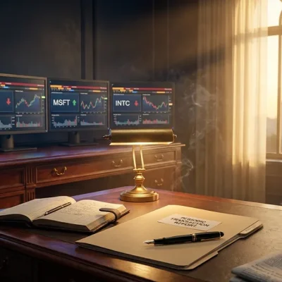 Mahogany executive desk at golden hour with a Periodic Transaction Report folder and fountain pen, behind it a row of Bloomberg-style trading terminals showing Nvidia, Boeing, Microsoft, and Intel ticker panels, the US Capitol dome visible through a tall arched window