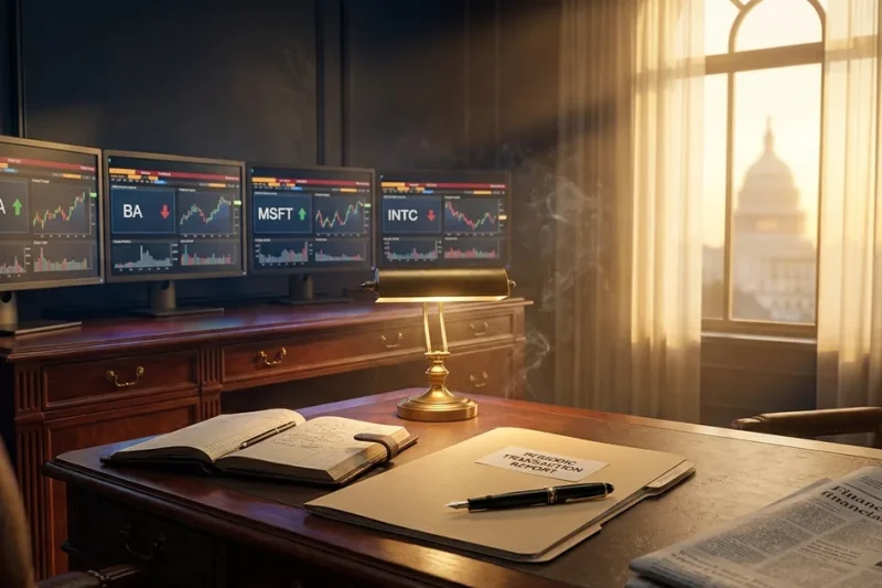 Mahogany executive desk at golden hour with a Periodic Transaction Report folder and fountain pen, behind it a row of Bloomberg-style trading terminals showing Nvidia, Boeing, Microsoft, and Intel ticker panels, the US Capitol dome visible through a tall arched window