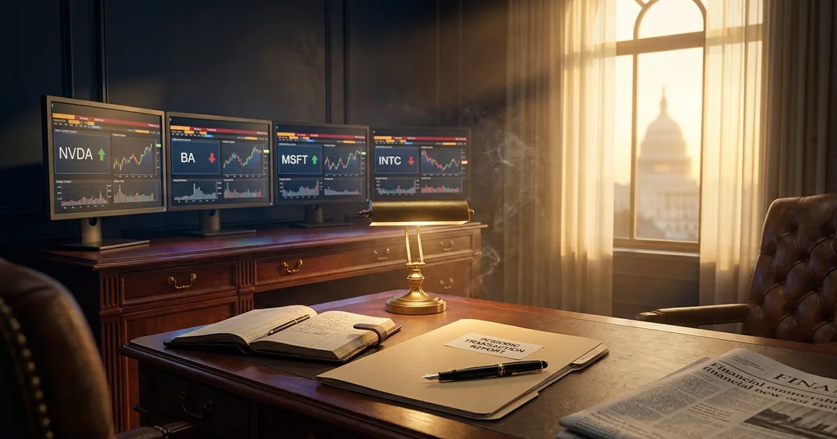 Mahogany executive desk at golden hour with a Periodic Transaction Report folder and fountain pen, behind it a row of Bloomberg-style trading terminals showing Nvidia, Boeing, Microsoft, and Intel ticker panels, the US Capitol dome visible through a tall arched window