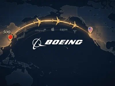 Stylized Pacific map with a glowing golden flight arc carrying three Boeing 737 MAX silhouettes between US and China pins, the Boeing logo at the visual anchor and a small 500 numeral near the China endpoint indicating the order count, with small supporting Citi/Apple/Exxon/Tesla brand marks along the route
