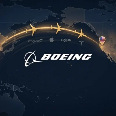 Stylized Pacific map with a glowing golden flight arc carrying three Boeing 737 MAX silhouettes between US and China pins, the Boeing logo at the visual anchor and a small 500 numeral near the China endpoint indicating the order count, with small supporting Citi/Apple/Exxon/Tesla brand marks along the route