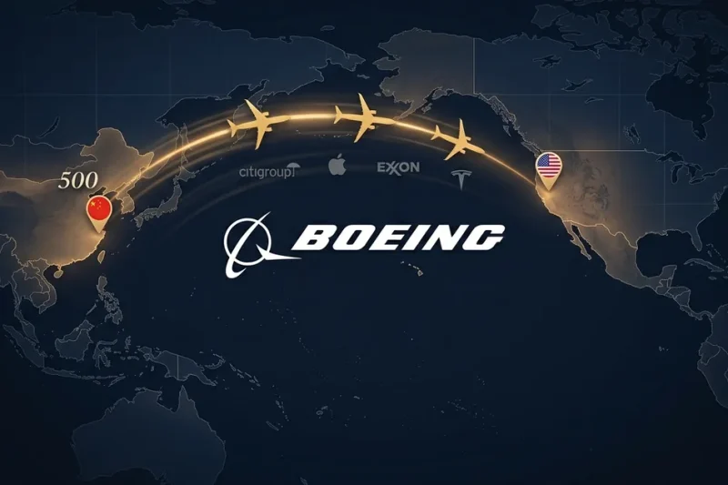 Stylized Pacific map with a glowing golden flight arc carrying three Boeing 737 MAX silhouettes between US and China pins, the Boeing logo at the visual anchor and a small 500 numeral near the China endpoint indicating the order count, with small supporting Citi/Apple/Exxon/Tesla brand marks along the route