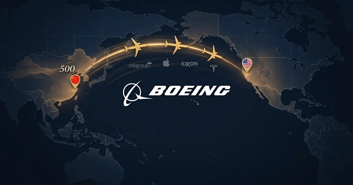 Stylized Pacific map with a glowing golden flight arc carrying three Boeing 737 MAX silhouettes between US and China pins, the Boeing logo at the visual anchor and a small 500 numeral near the China endpoint indicating the order count, with small supporting Citi/Apple/Exxon/Tesla brand marks along the route