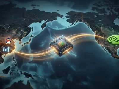 A glowing GPU semiconductor chip travels along a golden light arc across the Pacific Ocean between Chinese tech-company logos over China and the NVIDIA logo over the United States