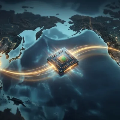 A glowing GPU semiconductor chip travels along a golden light arc across the Pacific Ocean between Chinese tech-company logos over China and the NVIDIA logo over the United States