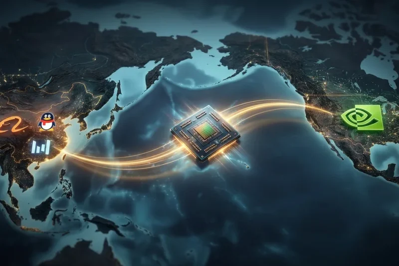 A glowing GPU semiconductor chip travels along a golden light arc across the Pacific Ocean between Chinese tech-company logos over China and the NVIDIA logo over the United States