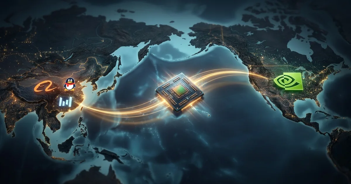 A glowing GPU semiconductor chip travels along a golden light arc across the Pacific Ocean between Chinese tech-company logos over China and the NVIDIA logo over the United States