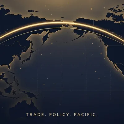 Dark Pacific-centered world map with a glowing gold trade arc sweeping from the US west coast to East Asia, an agriculture endpoint marker on the US side, a Beijing endpoint marker on the China side, and a small Taiwan Strait highlight in the gap
