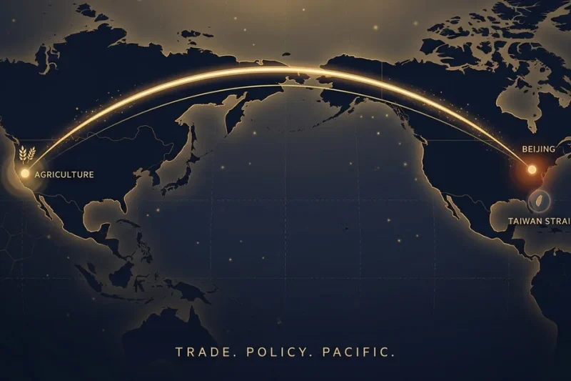 Dark Pacific-centered world map with a glowing gold trade arc sweeping from the US west coast to East Asia, an agriculture endpoint marker on the US side, a Beijing endpoint marker on the China side, and a small Taiwan Strait highlight in the gap