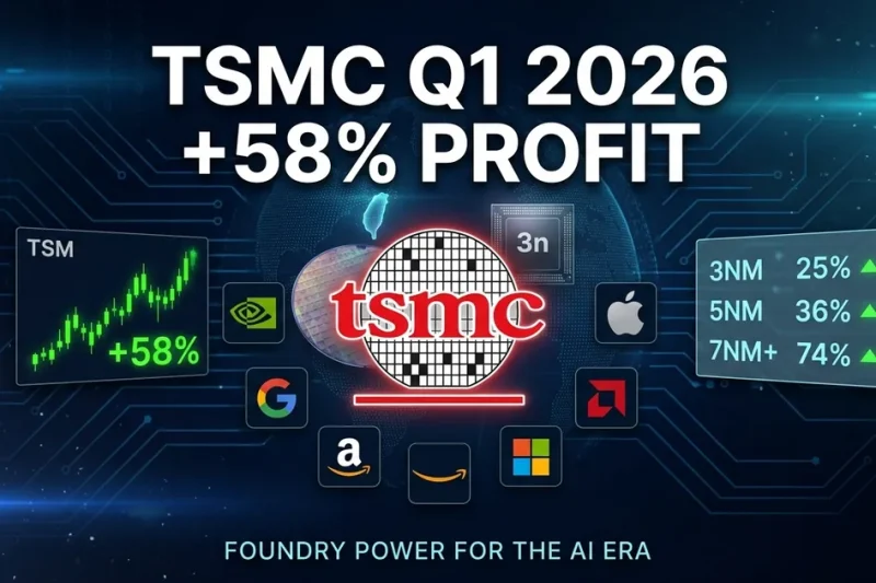 Dashboard composite showing TSMC logo with silicon wafer, TSM stock ticker with +58% chart, semiconductor process nodes panel, and customer brand logos including Nvidia, Apple, and AMD on a blue circuit-board background