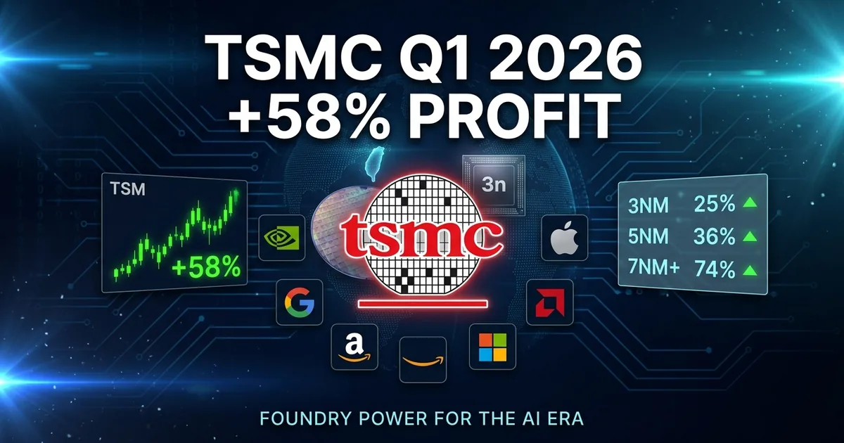 Dashboard composite showing TSMC logo with silicon wafer, TSM stock ticker with +58% chart, semiconductor process nodes panel, and customer brand logos including Nvidia, Apple, and AMD on a blue circuit-board background