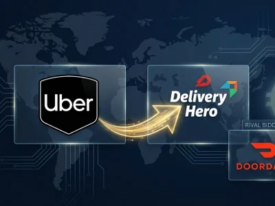 Uber logo and Delivery Hero logo connected by a glowing arrow over a world map, with a smaller DoorDash logo labeled rival bidder and a faint euro symbol