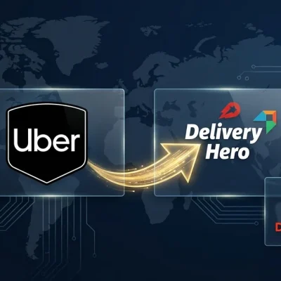 Uber logo and Delivery Hero logo connected by a glowing arrow over a world map, with a smaller DoorDash logo labeled rival bidder and a faint euro symbol
