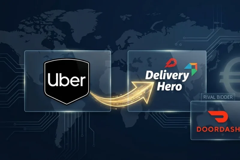Uber logo and Delivery Hero logo connected by a glowing arrow over a world map, with a smaller DoorDash logo labeled rival bidder and a faint euro symbol