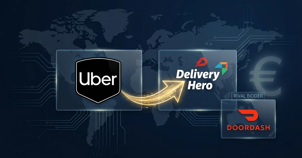 Uber logo and Delivery Hero logo connected by a glowing arrow over a world map, with a smaller DoorDash logo labeled rival bidder and a faint euro symbol