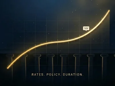 Editorial illustration of a steeply rising gold yield-curve line sweeping across a deep navy field with a silhouetted neoclassical column row at the base, evoking the Federal Reserve and rising long-term Treasury rates