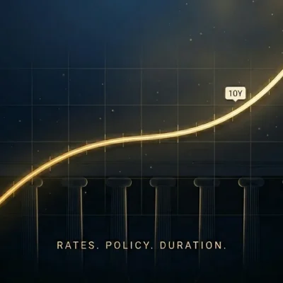 Editorial illustration of a steeply rising gold yield-curve line sweeping across a deep navy field with a silhouetted neoclassical column row at the base, evoking the Federal Reserve and rising long-term Treasury rates