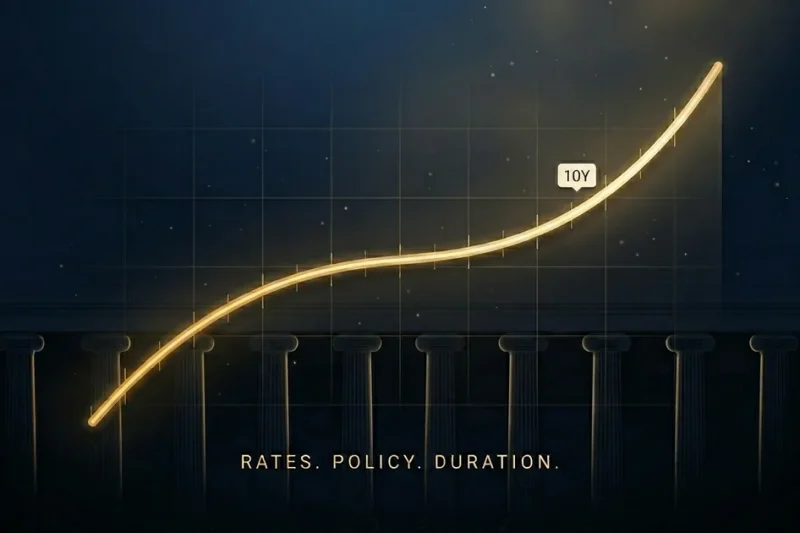 Editorial illustration of a steeply rising gold yield-curve line sweeping across a deep navy field with a silhouetted neoclassical column row at the base, evoking the Federal Reserve and rising long-term Treasury rates