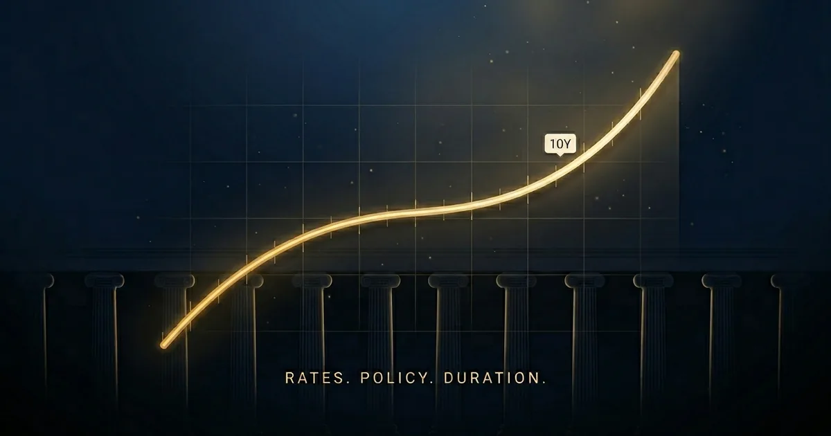 Editorial illustration of a steeply rising gold yield-curve line sweeping across a deep navy field with a silhouetted neoclassical column row at the base, evoking the Federal Reserve and rising long-term Treasury rates