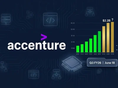 Accenture logo with AI bookings growth chart showing .2B and Q3 FY26 earnings date