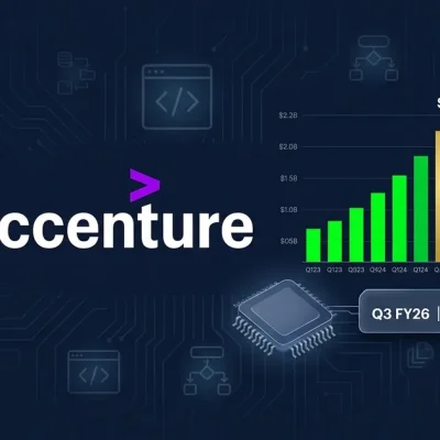 Accenture logo with AI bookings growth chart showing .2B and Q3 FY26 earnings date