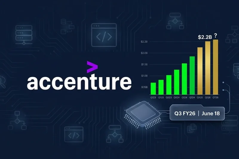 Accenture logo with AI bookings growth chart showing .2B and Q3 FY26 earnings date