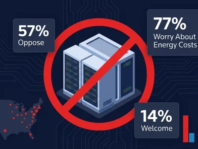 Data center server racks with ban symbol, 57% oppose and 77% worry about energy costs poll data, Reuters logo, and US map with opposition markers on dark dashboard