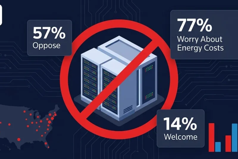 Data center server racks with ban symbol, 57% oppose and 77% worry about energy costs poll data, Reuters logo, and US map with opposition markers on dark dashboard