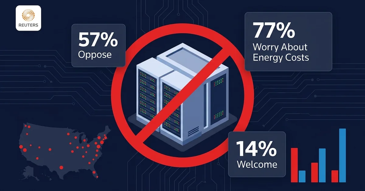 Data center server racks with ban symbol, 57% oppose and 77% worry about energy costs poll data, Reuters logo, and US map with opposition markers on dark dashboard