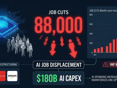 AI job displacement dashboard showing 88,000 cuts with Meta Oracle Amazon logos, AI chip brain icon, job cuts bar chart, and 80B AI capex counter