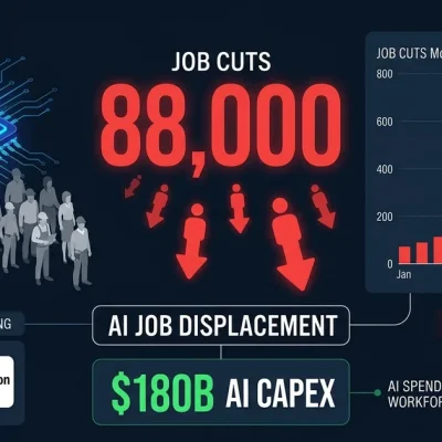 AI job displacement dashboard showing 88,000 cuts with Meta Oracle Amazon logos, AI chip brain icon, job cuts bar chart, and 80B AI capex counter