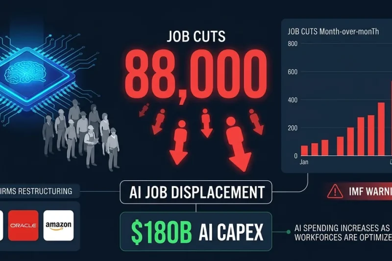 AI job displacement dashboard showing 88,000 cuts with Meta Oracle Amazon logos, AI chip brain icon, job cuts bar chart, and 80B AI capex counter