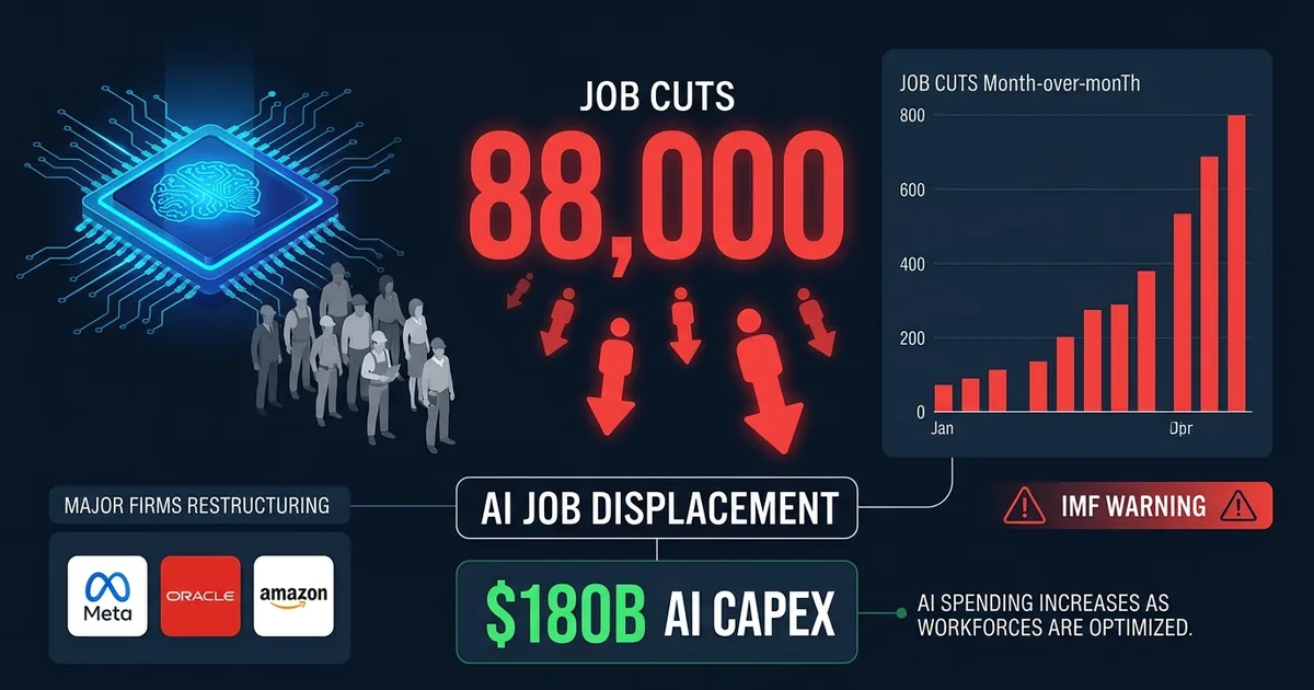 AI job displacement dashboard showing 88,000 cuts with Meta Oracle Amazon logos, AI chip brain icon, job cuts bar chart, and 80B AI capex counter