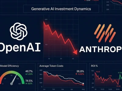 Financial dashboard showing OpenAI and Anthropic logos with declining spending charts, token cost gauges, and ROI metrics
