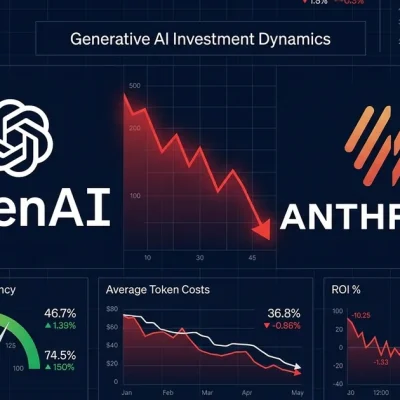 Financial dashboard showing OpenAI and Anthropic logos with declining spending charts, token cost gauges, and ROI metrics