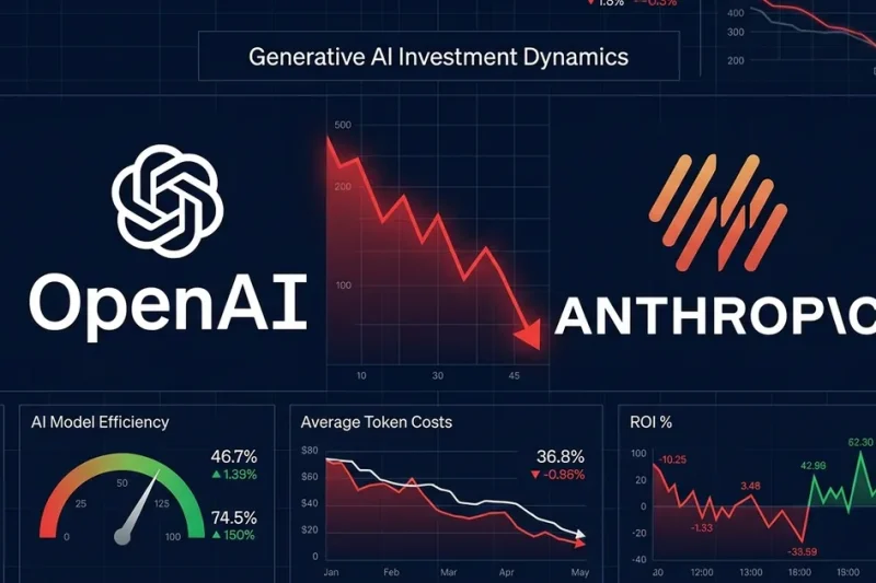 Financial dashboard showing OpenAI and Anthropic logos with declining spending charts, token cost gauges, and ROI metrics