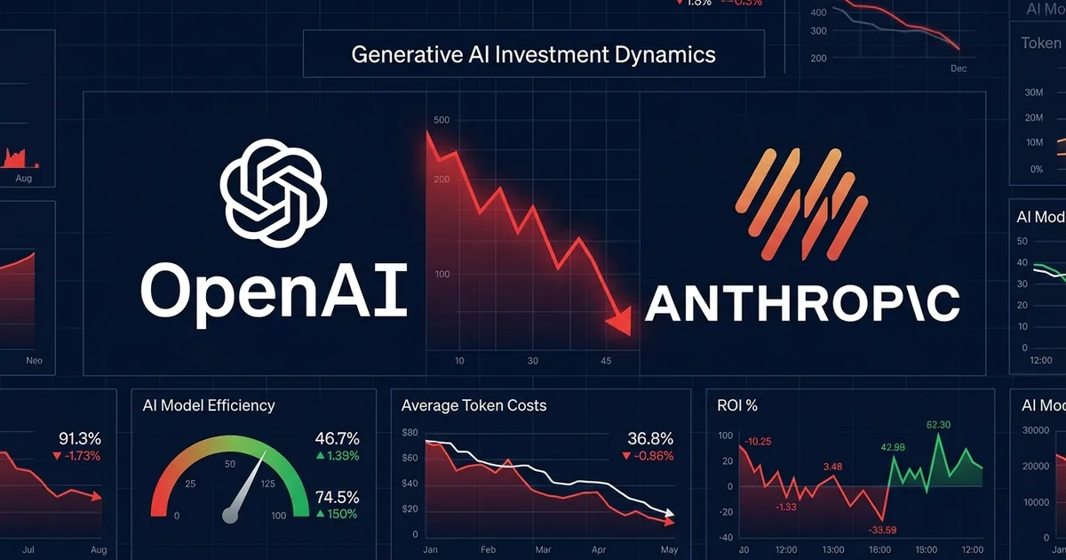 Financial dashboard showing OpenAI and Anthropic logos with declining spending charts, token cost gauges, and ROI metrics