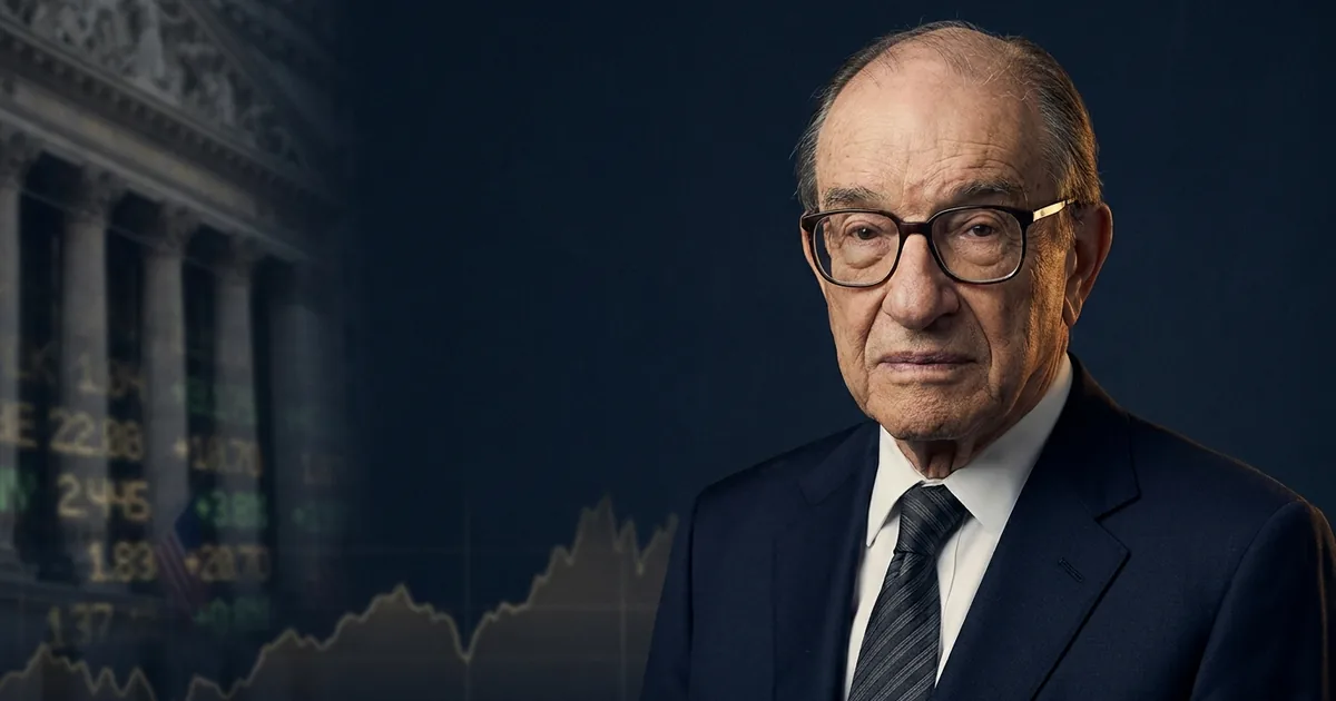 Portrait of Alan Greenspan, former Federal Reserve chairman, against a dark backdrop with a faded classical government building and a stock ticker