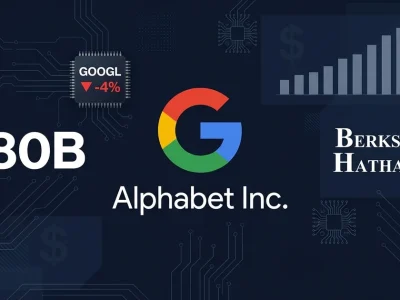 Alphabet Google logo with 80 billion dollar figure, GOOGL ticker showing minus 4 percent, and Berkshire Hathaway logo on dark blue financial dashboard