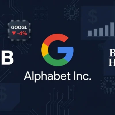 Alphabet Google logo with 80 billion dollar figure, GOOGL ticker showing minus 4 percent, and Berkshire Hathaway logo on dark blue financial dashboard