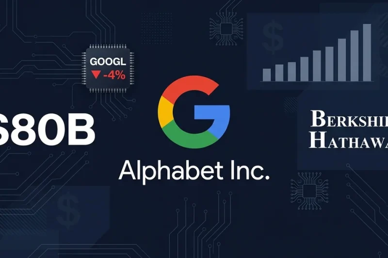 Alphabet Google logo with 80 billion dollar figure, GOOGL ticker showing minus 4 percent, and Berkshire Hathaway logo on dark blue financial dashboard