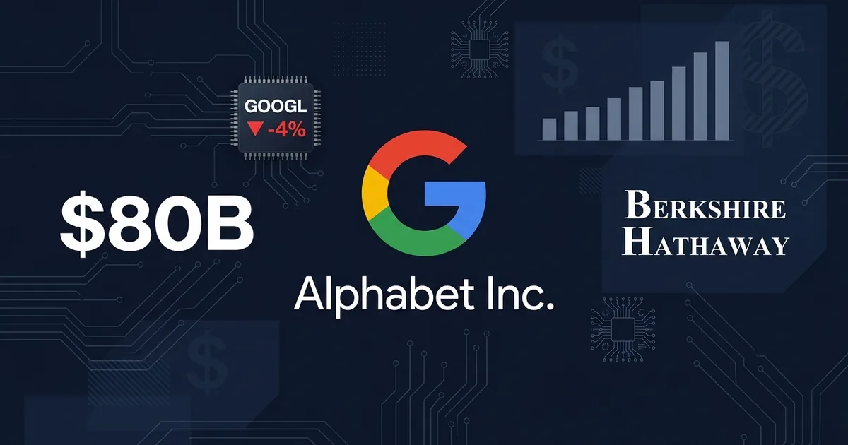 Alphabet Google logo with 80 billion dollar figure, GOOGL ticker showing minus 4 percent, and Berkshire Hathaway logo on dark blue financial dashboard
