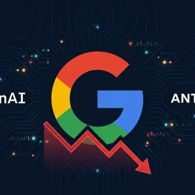 Google G logo flanked by OpenAI and Anthropic logos with red downward stock chart on dark navy dashboard background