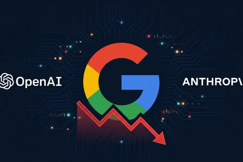 Google G logo flanked by OpenAI and Anthropic logos with red downward stock chart on dark navy dashboard background