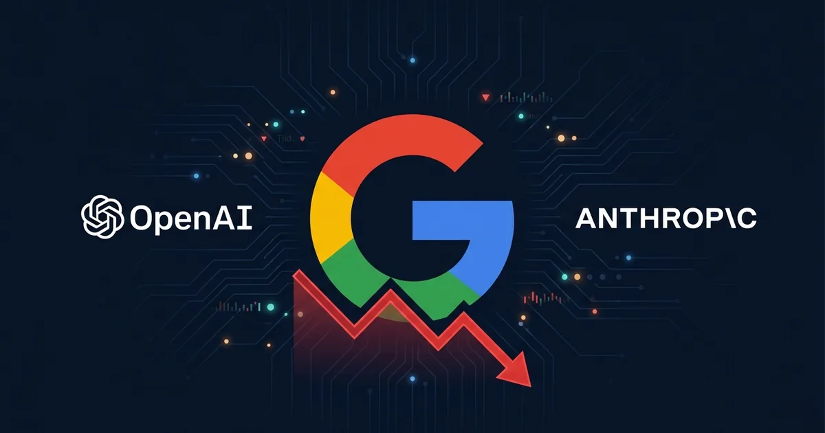 Google G logo flanked by OpenAI and Anthropic logos with red downward stock chart on dark navy dashboard background