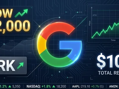 Google Alphabet G logo on financial dashboard showing Dow 52000 milestone with BRK investment badge and market tickers