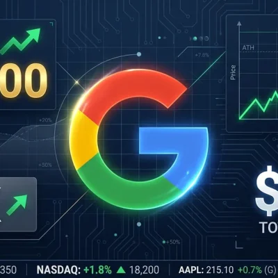 Google Alphabet G logo on financial dashboard showing Dow 52000 milestone with BRK investment badge and market tickers