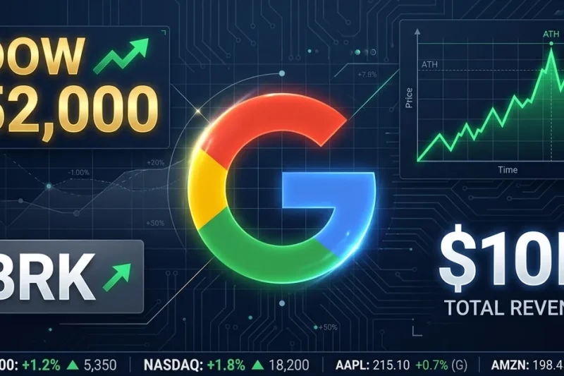 Google Alphabet G logo on financial dashboard showing Dow 52000 milestone with BRK investment badge and market tickers