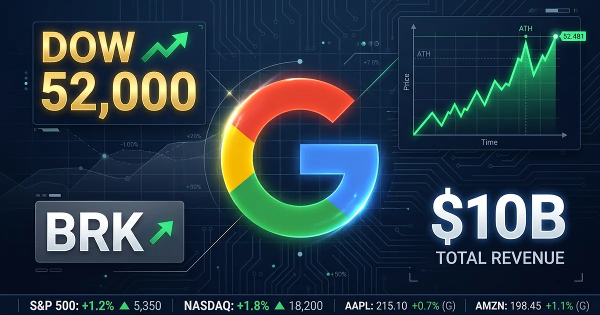 Google Alphabet G logo on financial dashboard showing Dow 52000 milestone with BRK investment badge and market tickers